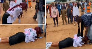 Female graduate prostrates to appreciate her man who supported her financially through school (Video)