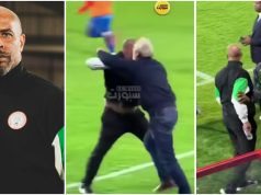 “Baba rush am” – Moment Nigerian coach, Eric Chelle went after Dr. Congo supporter for allegedly using Juju during penalty shootout (Video)