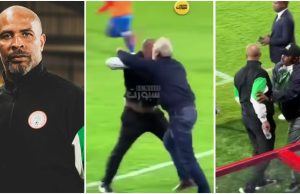 “Baba rush am” – Moment Nigerian coach, Eric Chelle went after Dr. Congo supporter for allegedly using Juju during penalty shootout (Video)