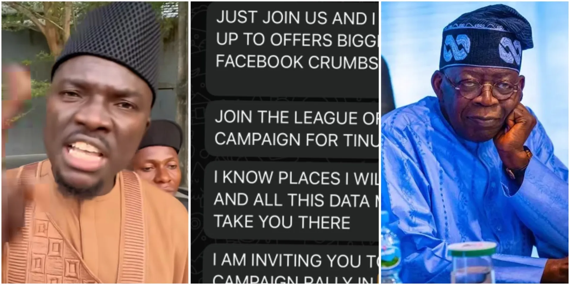 Comedian Governor Amuneke exposes chat showing alleged tempting offer he received to campaign for Tinubu